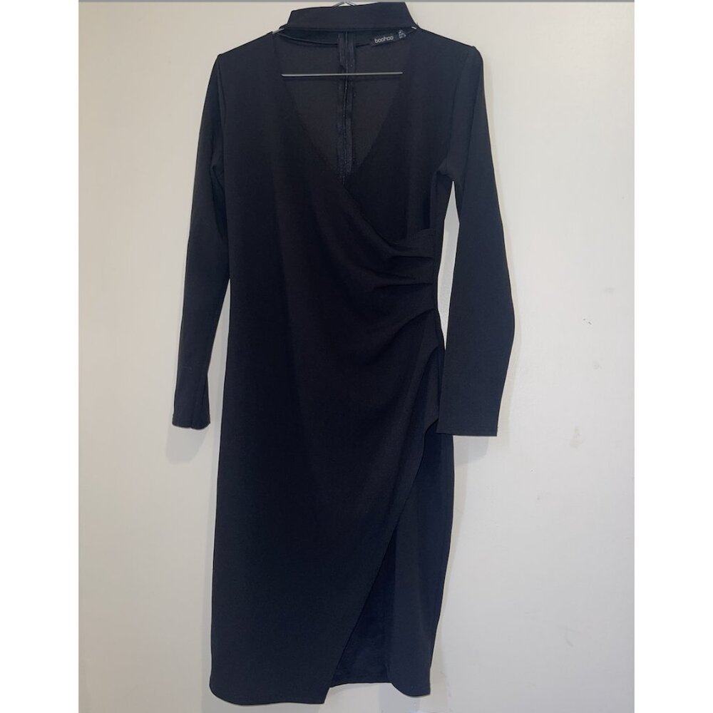 Boohoo Black Long Sleeve Faux Wrap Midi Dress – Size US 12